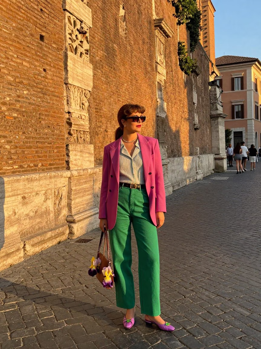Vibrant 1980s Roman Street Style with Iris Blossoms and Vintage Fashion at Golden Hour in in Rome, Italy