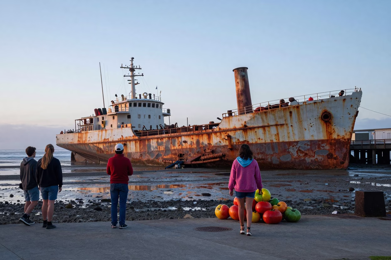 Vibrant 1980s San Diego Sunrise Scene with Colorful Tomatoes and Rusting Beach Ship in in San Diego, California, United States