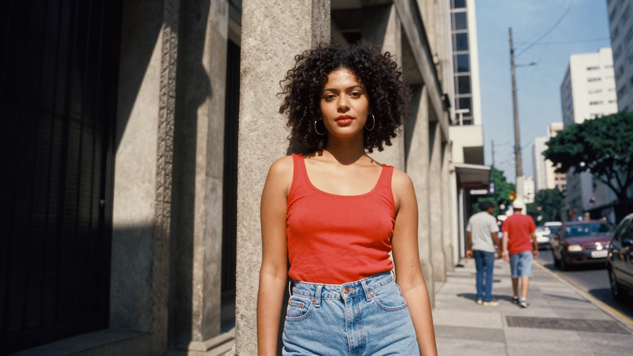 Vibrant 1980s São Paulo Street Fashion Portrait with Accra Fritters and Masala Chai in in São Paulo, Brazil