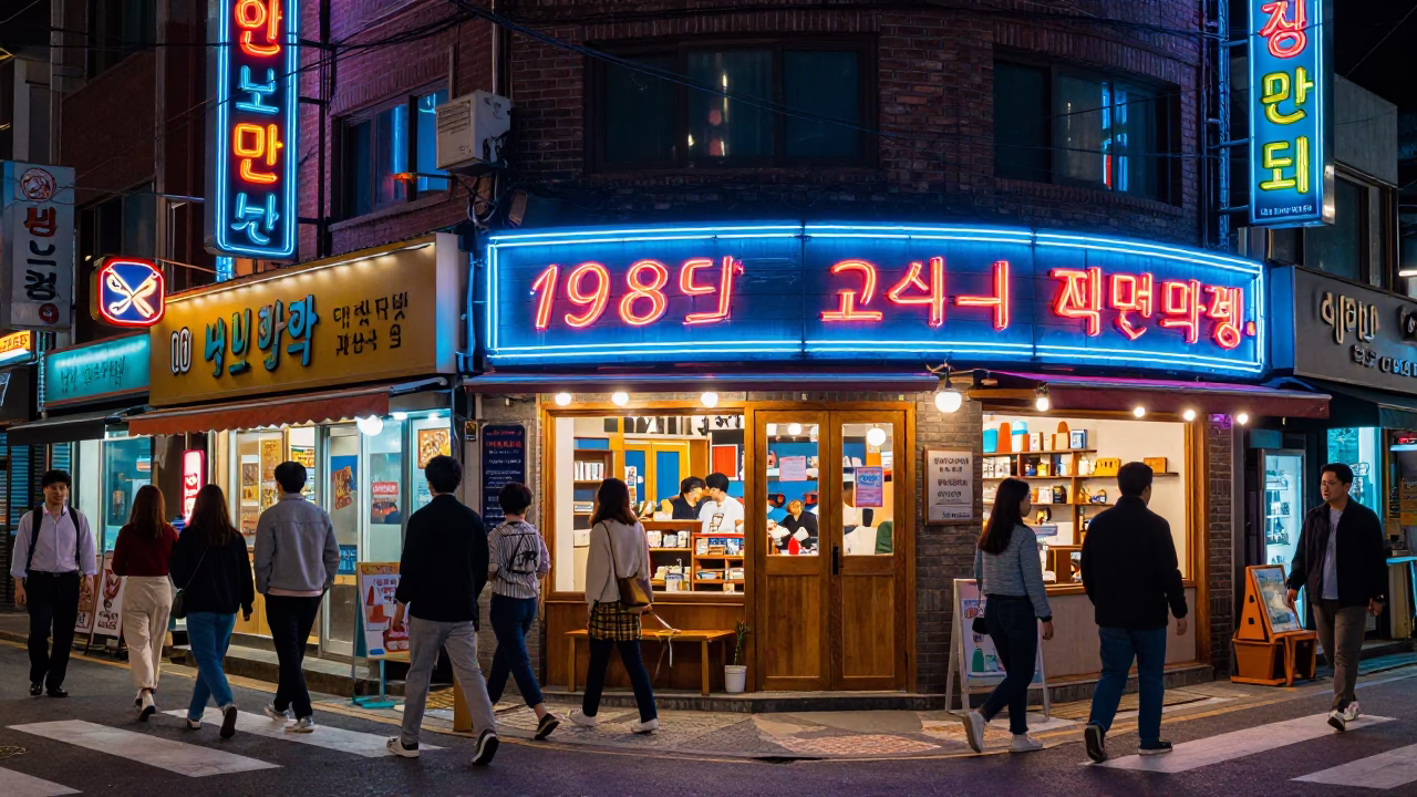 Vibrant 1980s Seoul Night Street Scene with Neon Signs and Pedestrians in in Seoul, South Korea