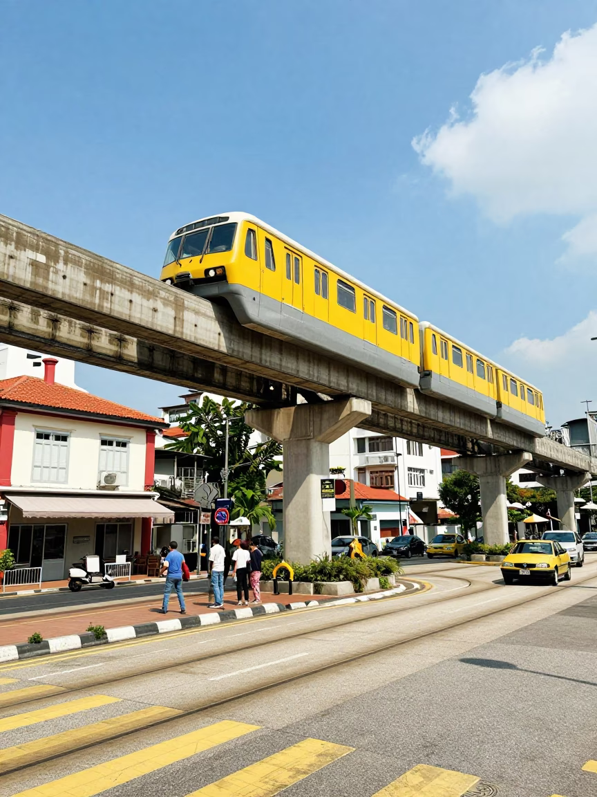 Vibrant 1980s Singapore Street Scene with Monorail and Local Commerce in in Singapore, Singapore