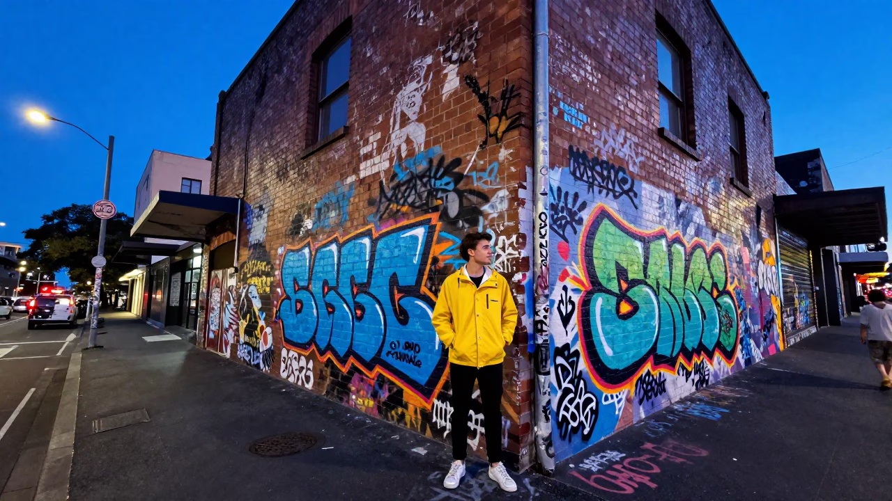 Vibrant 1980s Sydney Evening Street Scene with Colorful Graffiti and Urban Life in in Sydney, New South Wales, Australia
