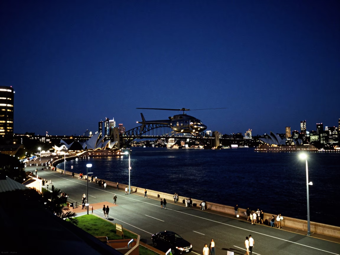 Vibrant 1980s Sydney Night Scene with Helicopter Over Waterfront and Urban Activity in in Sydney, New South Wales, Australia
