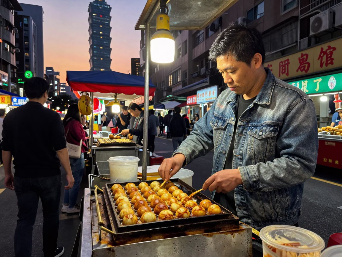 Vibrant 1980s Taipei Street Scene with Takoyaki Vendor and Colorful Evening Atmosphere in in Taipei, Taiwan