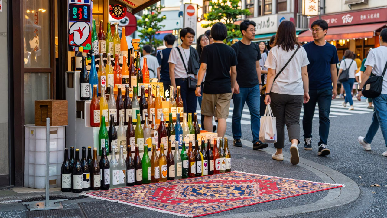 Vibrant 1980s Tokyo Street Scene with Colorful Glass Bottles and Patterned Rug in in Tokyo, Japan
