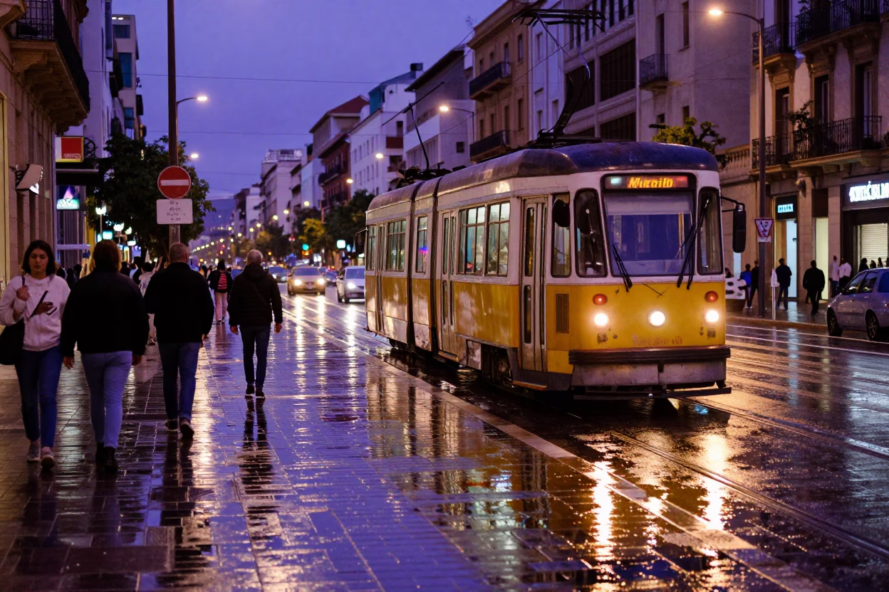 Vibrant 1980s Valencia Evening Street Scene with Tram Reflections and Cobblestone Wetness in in Valencia, Spain