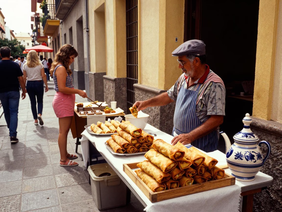 Vibrant 1980s Valencia Street Scene with Traditional Food and Local Life in in Valencia, Spain