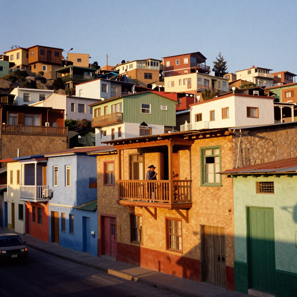 Vibrant 1980s Valparaiso Street Scene with Colorful Facades and Local Life in in Valparaiso, Chile