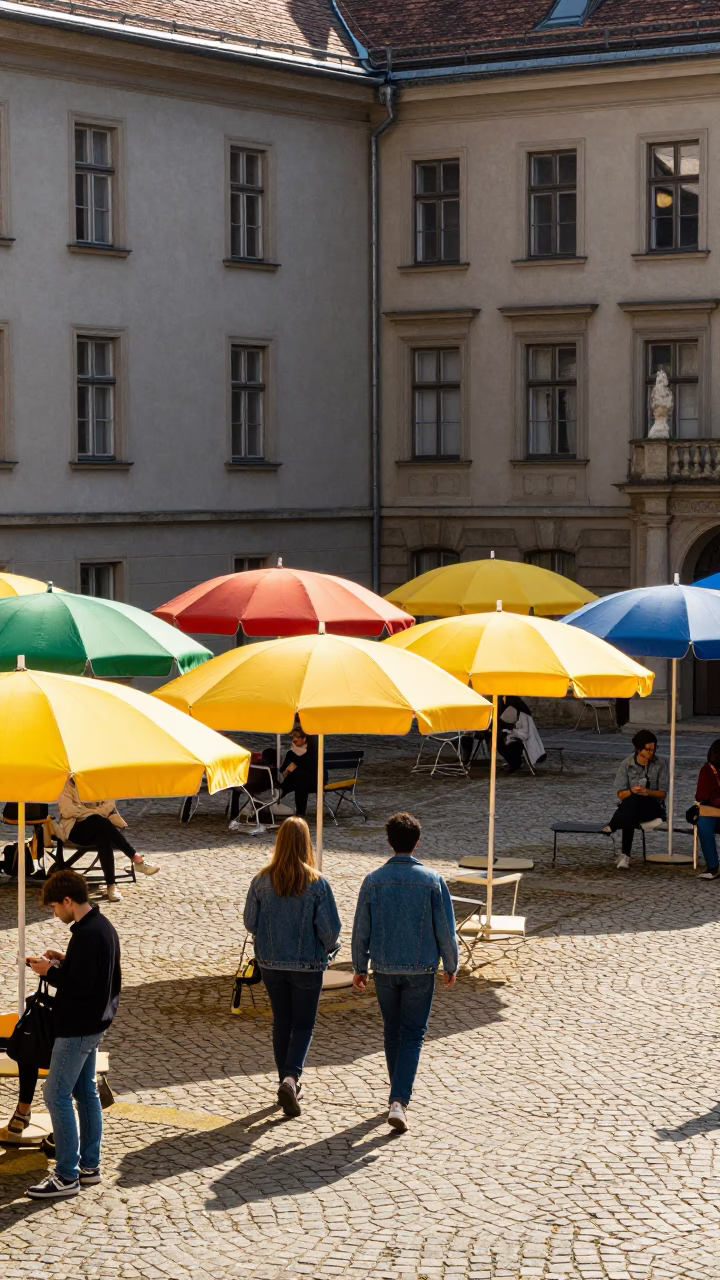 Vibrant 1980s Vienna University Courtyard Scene with Colorful Umbrellas in in Vienna, Austria
