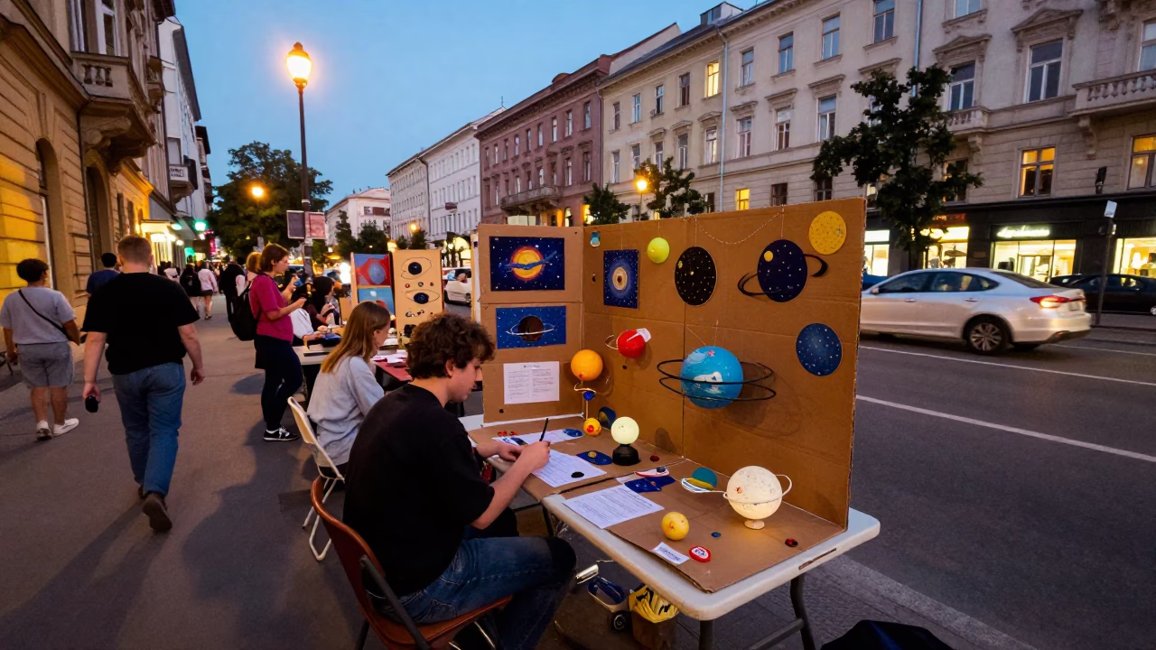 Vibrant 1990s Budapest Street Scene with Science Fair Projects and City Lights in in Budapest, Hungary