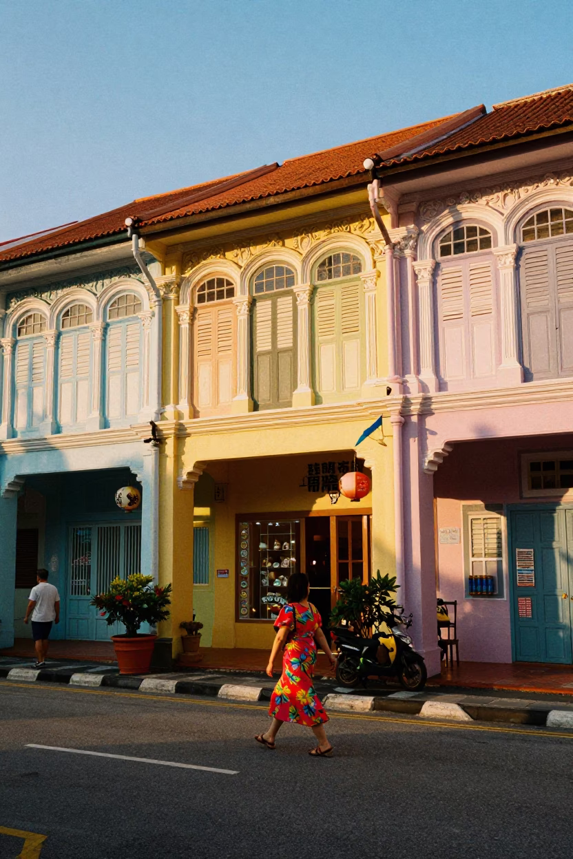 Vibrant 1990s George Town Street Scene at Sunset with Colorful Architecture in in George Town, Malaysia