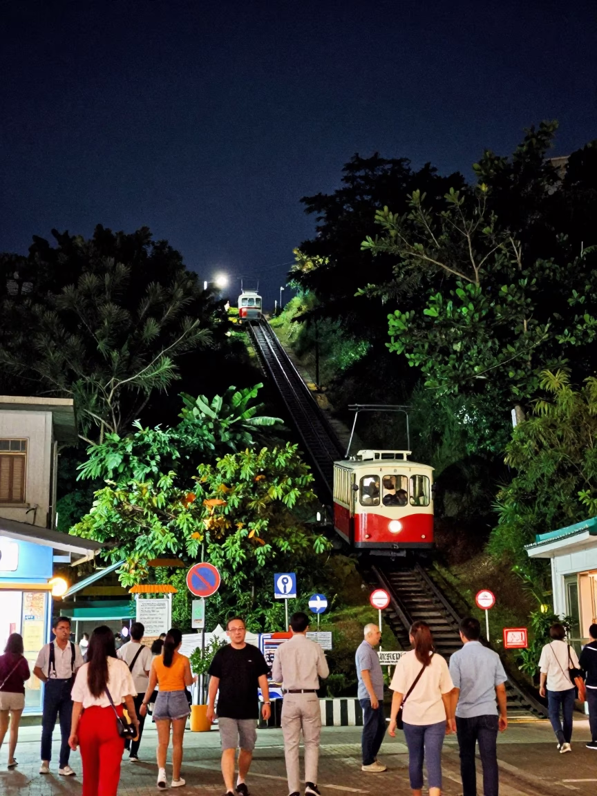 Vibrant 1990s Kaohsiung Night Street Scene with Funicular and Canal Barge in in Kaohsiung, Taiwan