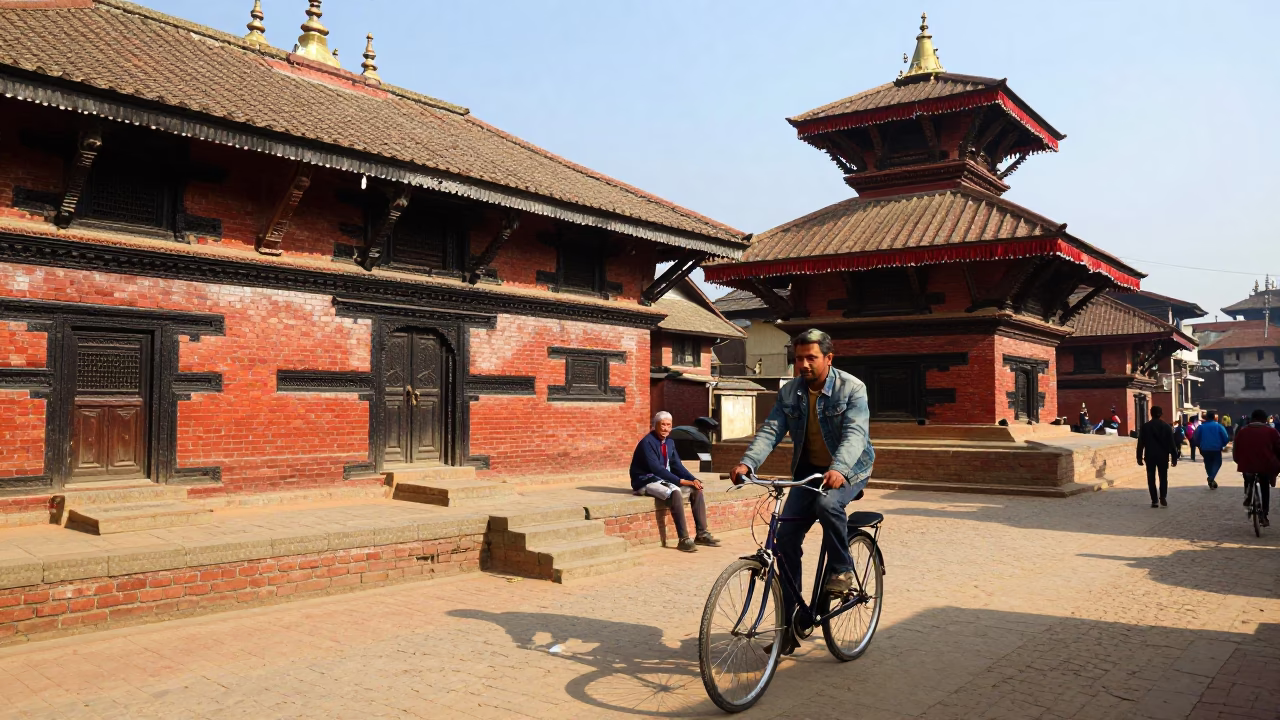 Vibrant 1990s Kathmandu Street Scene with Cyclist and Colorful Textiles in in Kathmandu, Nepal