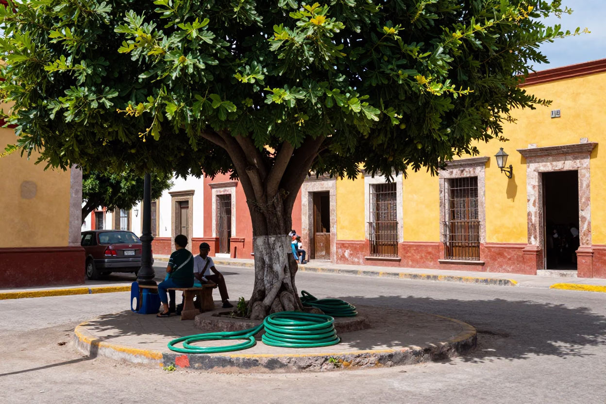 Vibrant 1990s Merida Mexico Street Scene with Fig Tree and Garden Hose in in Merida, Mexico