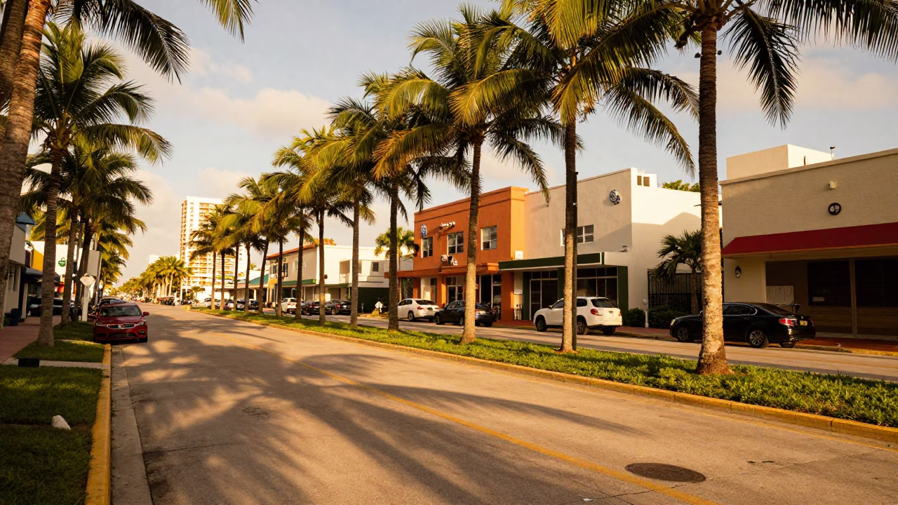 Vibrant 1990s Miami Boulevard Palm Trees and Ceramics in Honeyed Evening Light in in Miami, Florida, United States