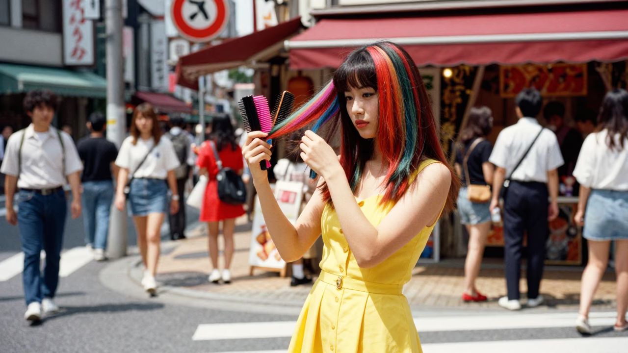 Vibrant 1990s Osaka Street Scene with Colorful Combs and Urban Life in in Osaka, Japan
