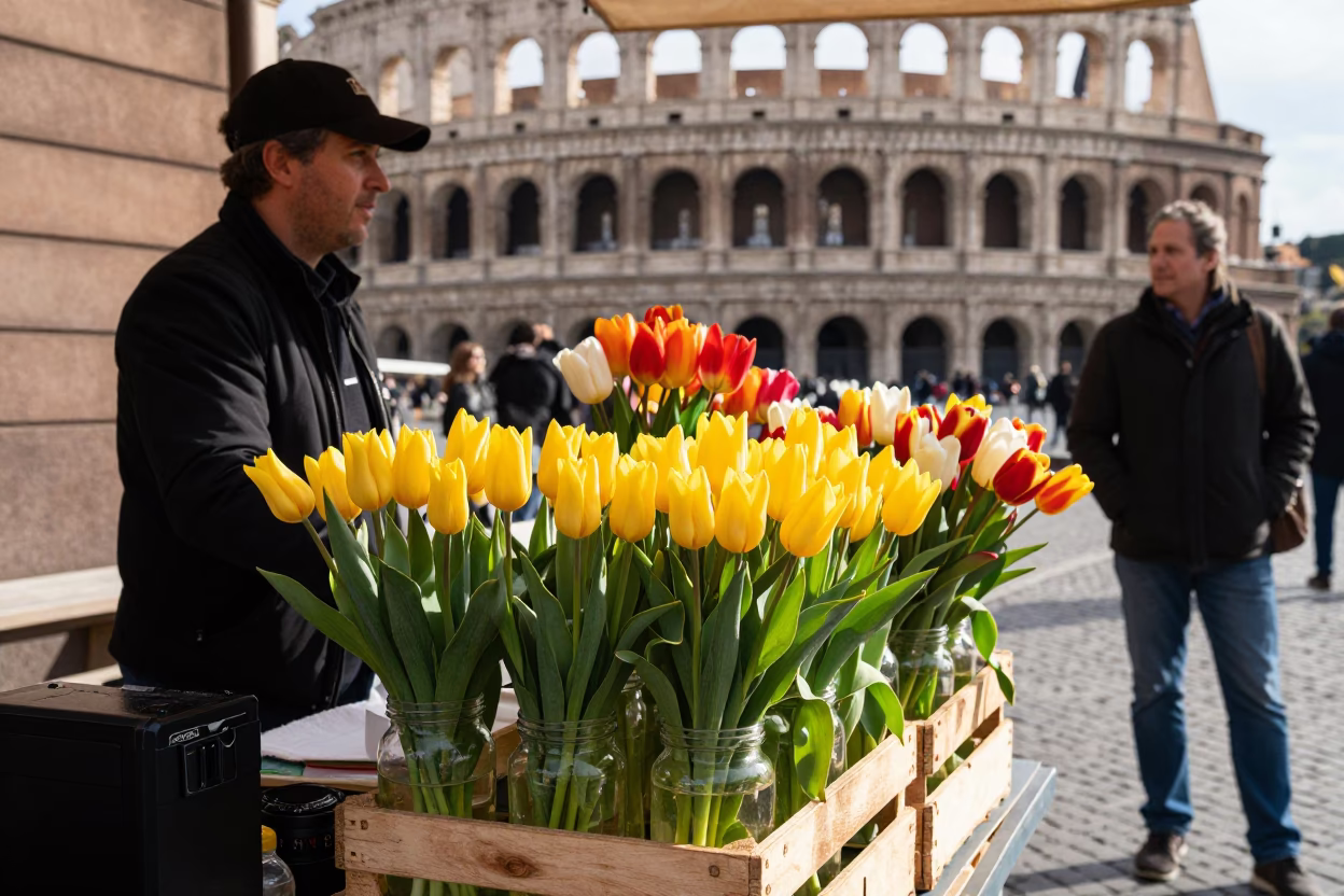 Vibrant 1990s Rome Street Scene with Colorful Tulips and Historic Architecture in in Rome, Italy