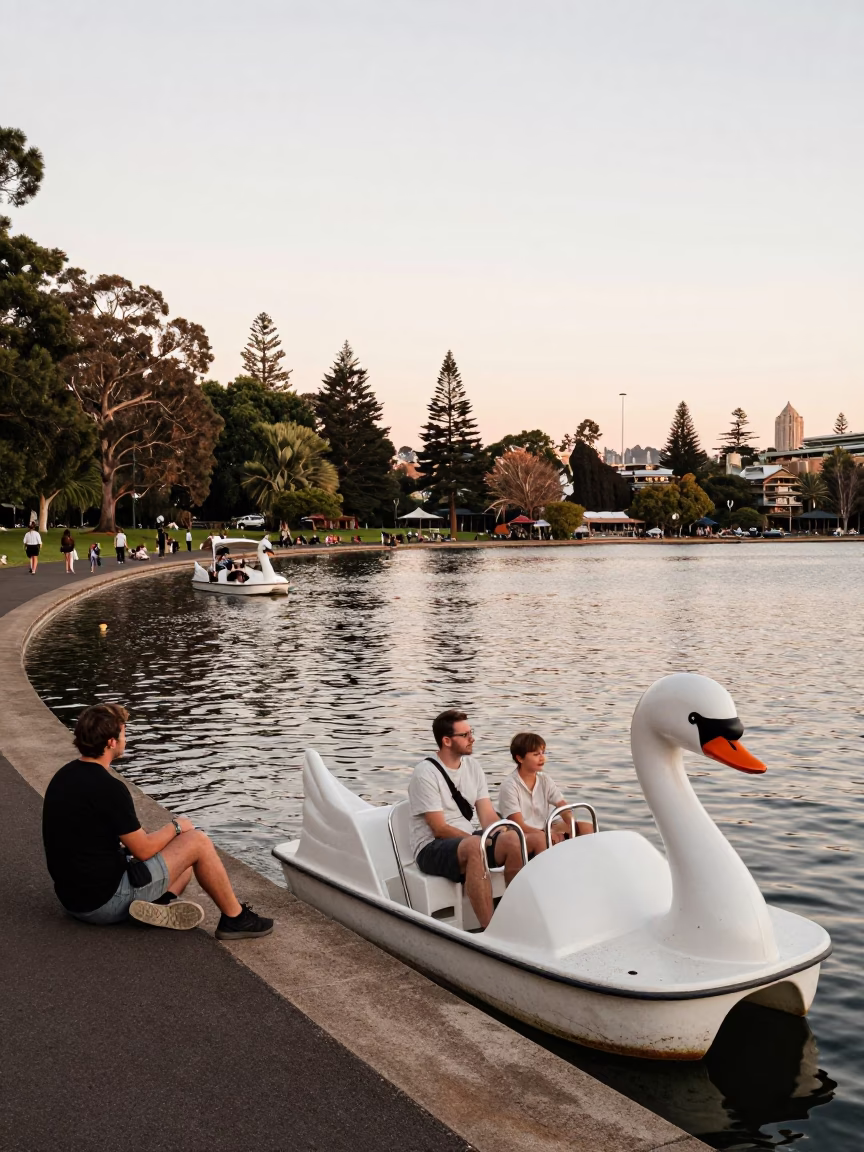 Vibrant 1990s Sydney Park Lake Scene with Swan Pedal Boat and Dusk Light in in Sydney, New South Wales, Australia