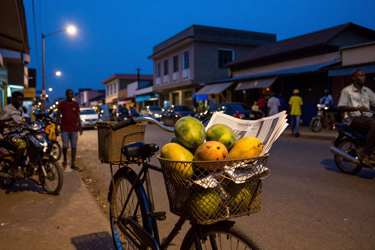 Vibrant Accra Blue Hour Street Scene with Bicycle Basket and Local Market Activity in in Accra, Ghana