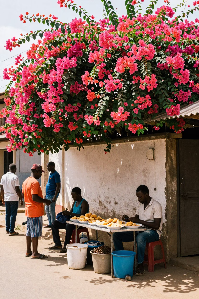 Vibrant Accra Ghana Midday Street Scene with Bougainvillea and Local Commerce in in Accra, Ghana
