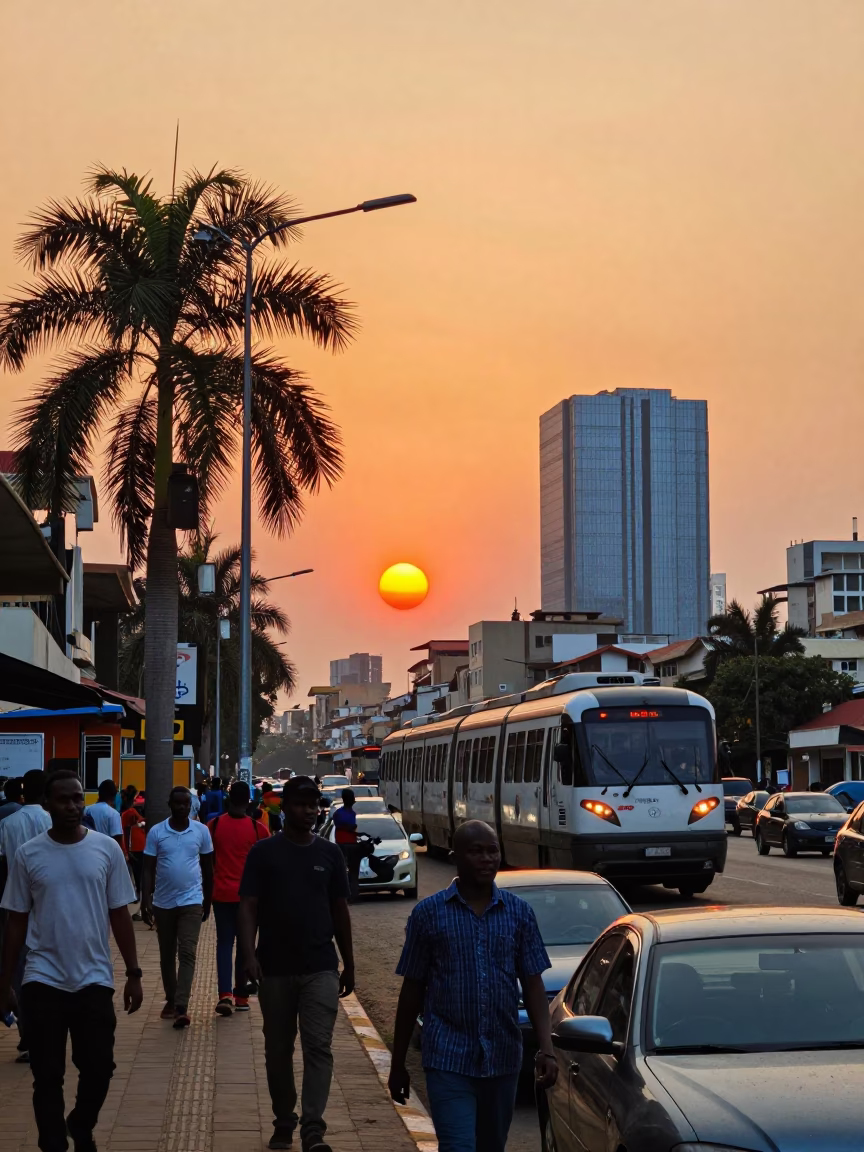 Vibrant Accra Ghana Street Scene at Sunset with Monorail and Palm Trees in in Accra, Ghana