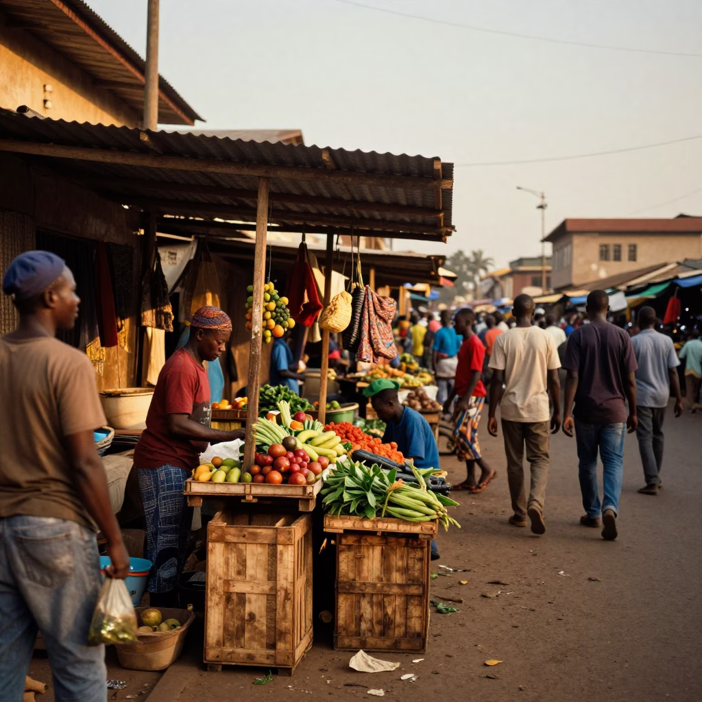 Vibrant Accra Ghana Street Scene Honeyed Evening Light Local Market Activity in in Accra, Ghana