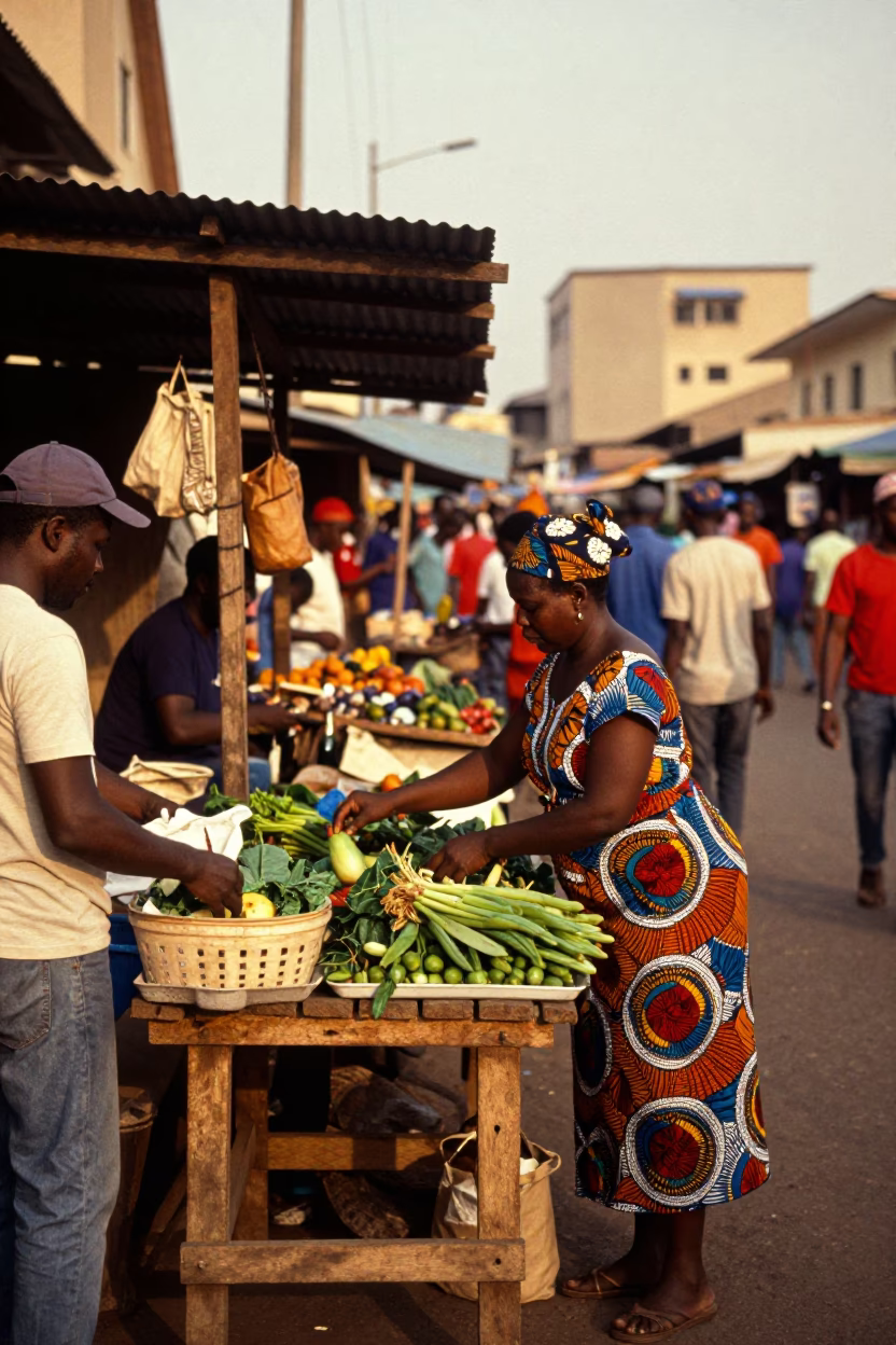 Vibrant Accra Ghana Street Scene in Honeyed Evening Light with Local Market Activity in in Accra, Ghana