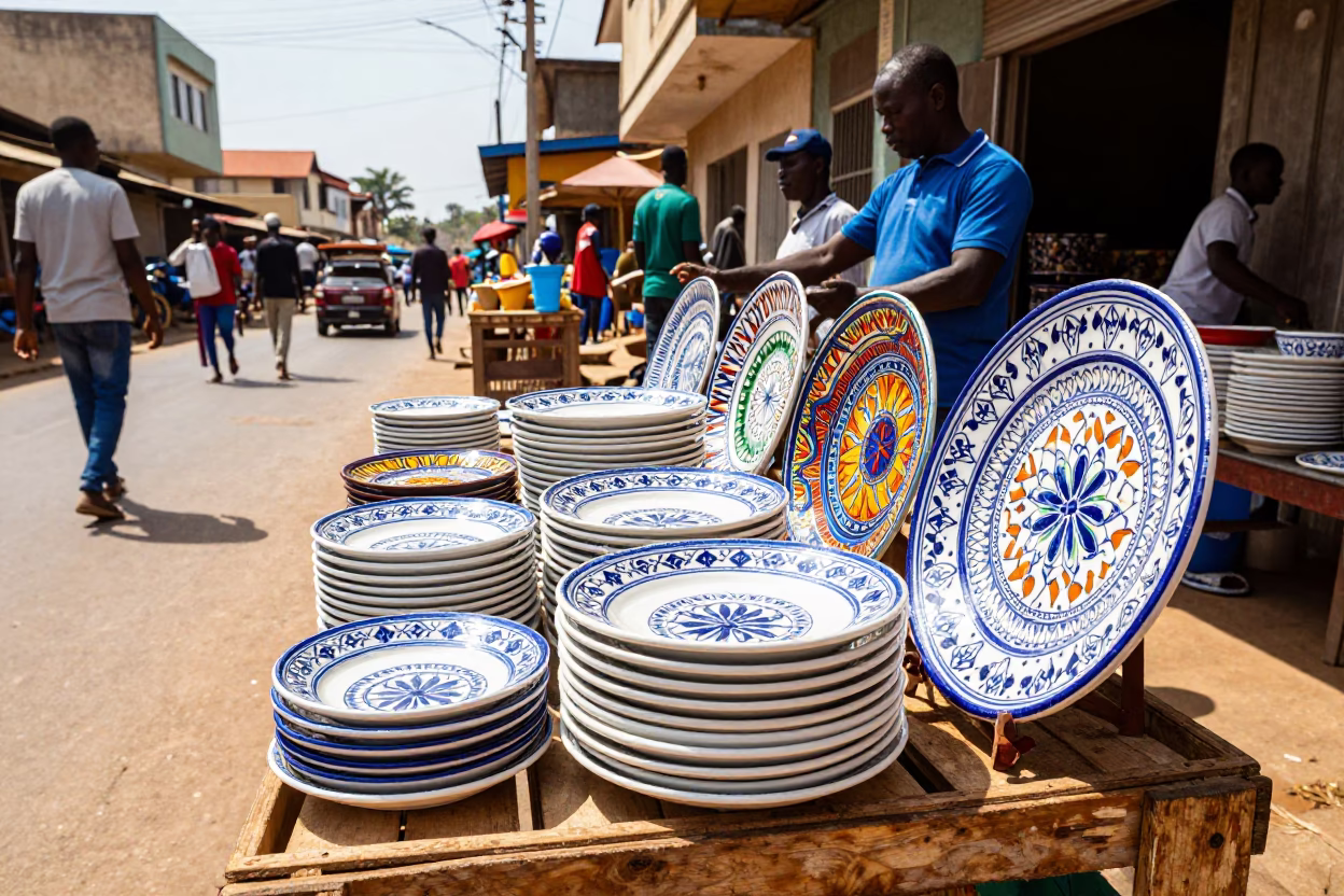 Vibrant Accra Ghana Street Scene with Colorful Majolica Plates in Bright Midmorning Light in in Accra, Ghana