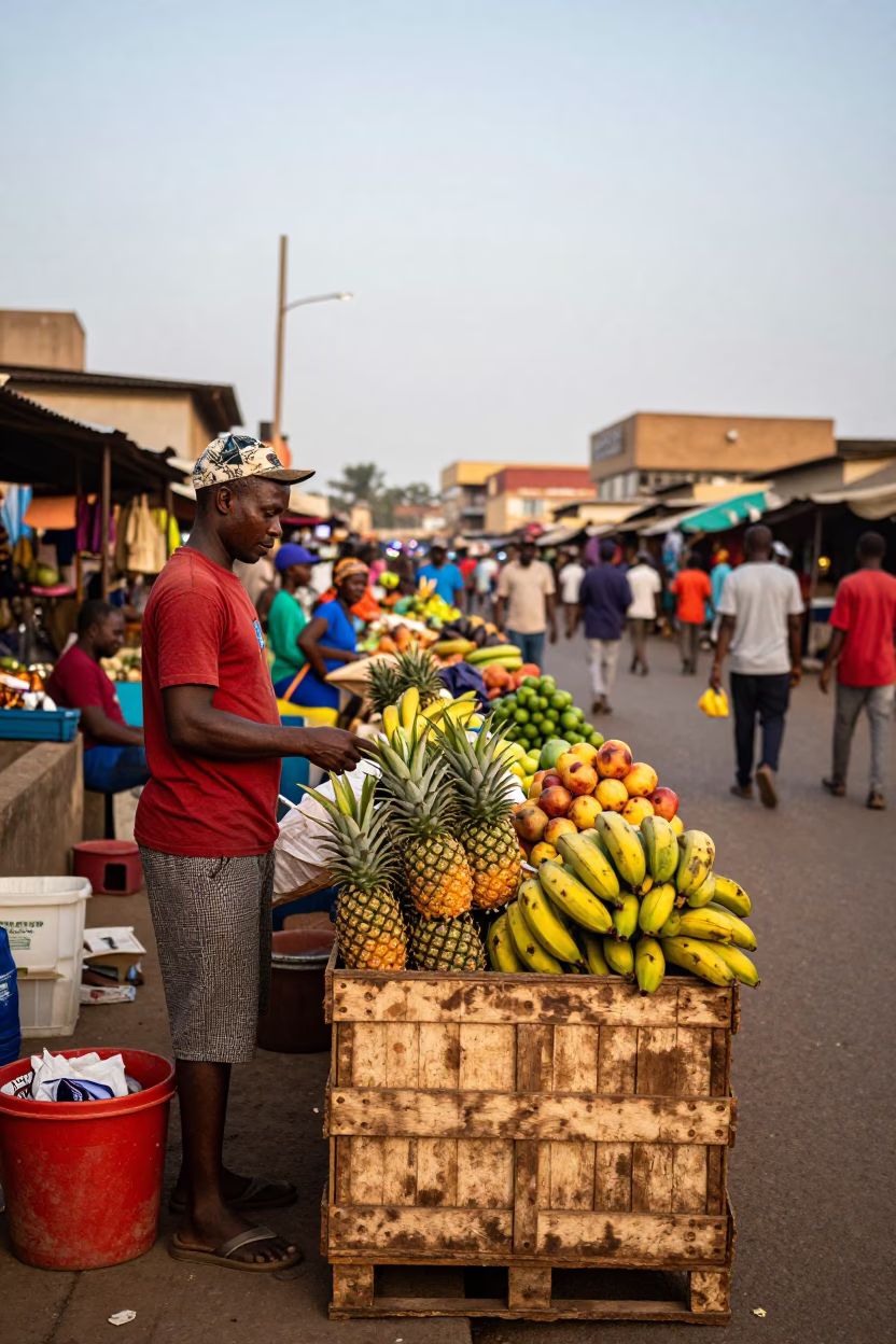 Vibrant Accra Ghana Street Scene with Local Vendor and Fruit Crate in in Accra, Ghana