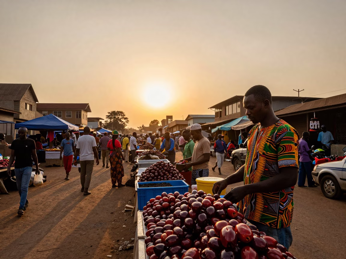 Vibrant Accra Street Market Scene at Sunset with Local Vendors and Colorful Textiles in in Accra, Ghana