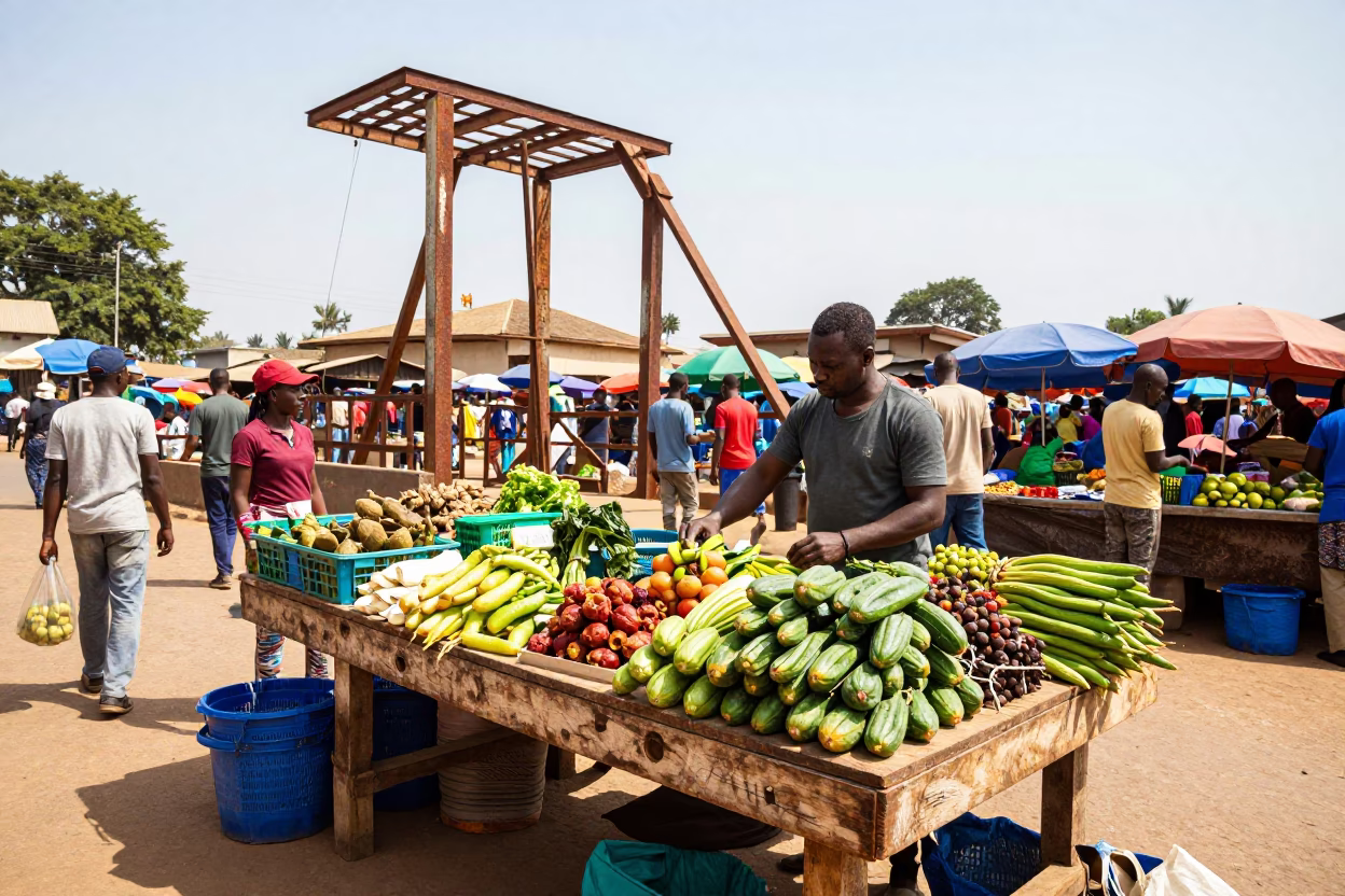 Vibrant Accra Street Market Stall with Rusty Drawbridge in Background in in Accra, Ghana