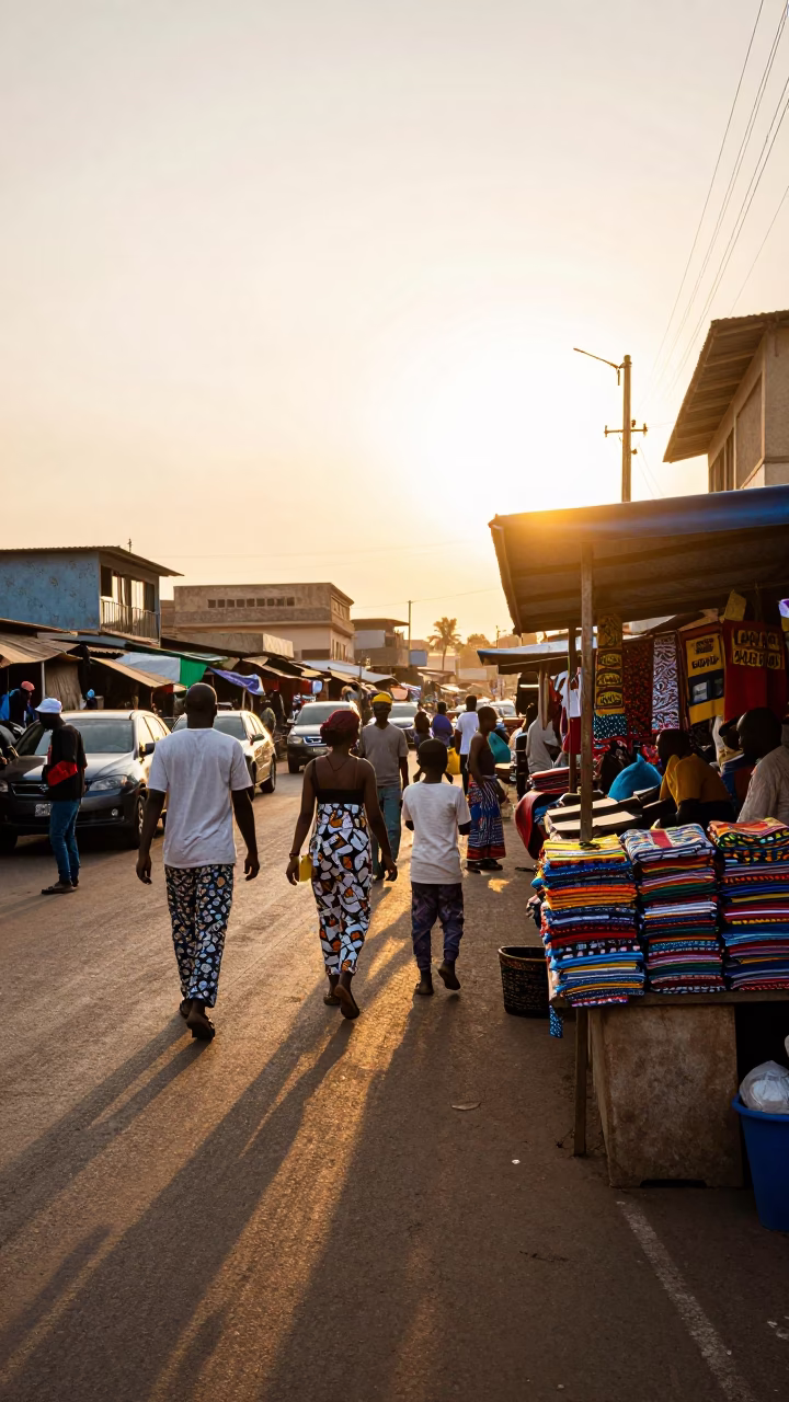 Vibrant Accra Street Scene at Golden Hour with Local Market Activity and Colorful Textiles in in Accra, Ghana