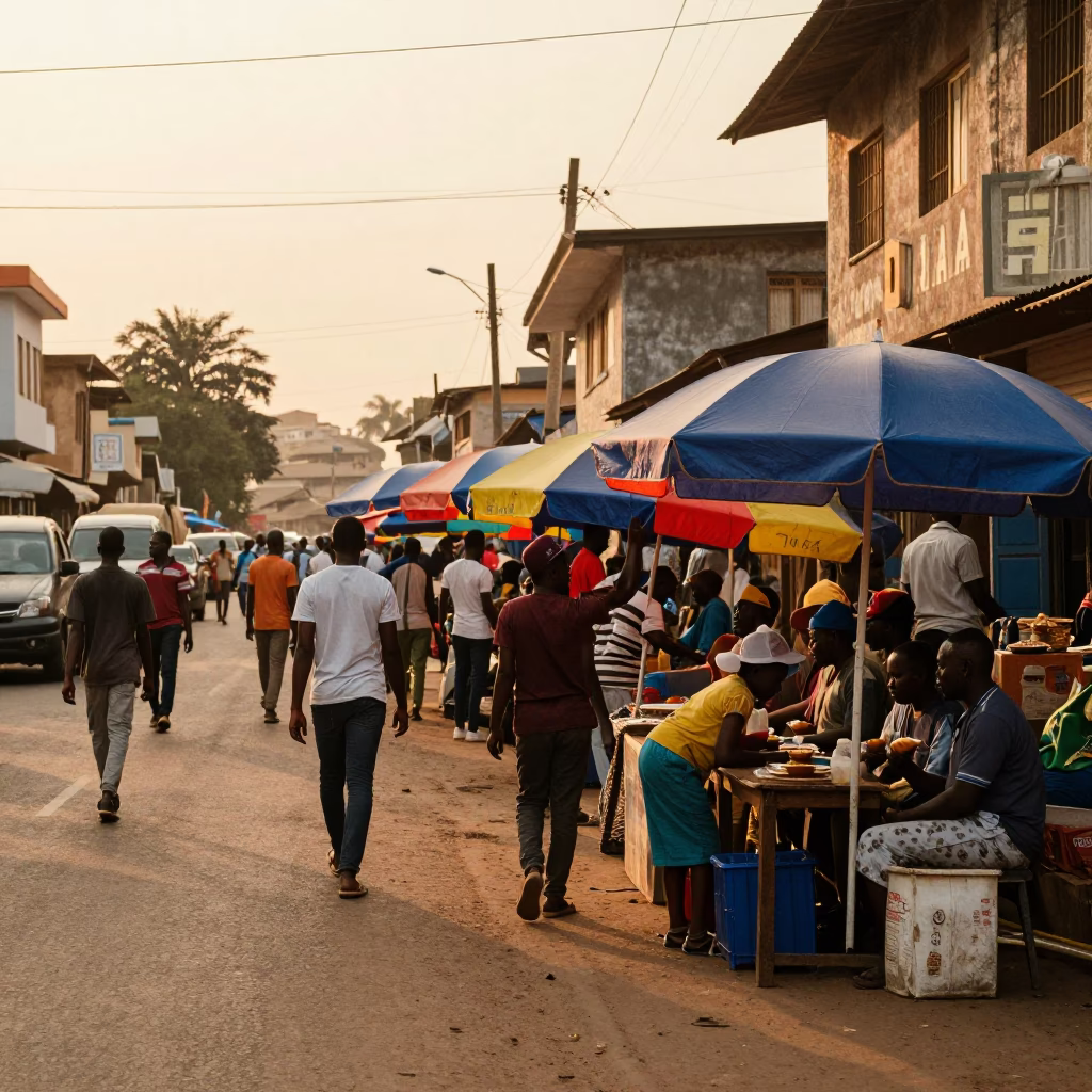 Vibrant Accra Street Scene at Golden Hour with Umbrellas and Local Vendors in in Accra, Ghana