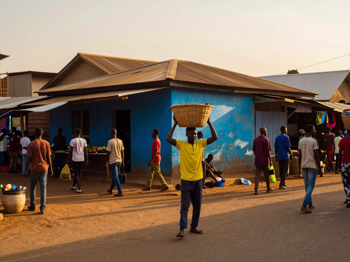 Vibrant Accra Street Scene at Sunset with Local Market Activity and Colorful Textiles in in Accra, Ghana