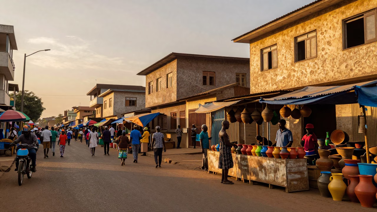 Vibrant Accra Street Scene at Sunset with Local Market Activity in in Accra, Ghana