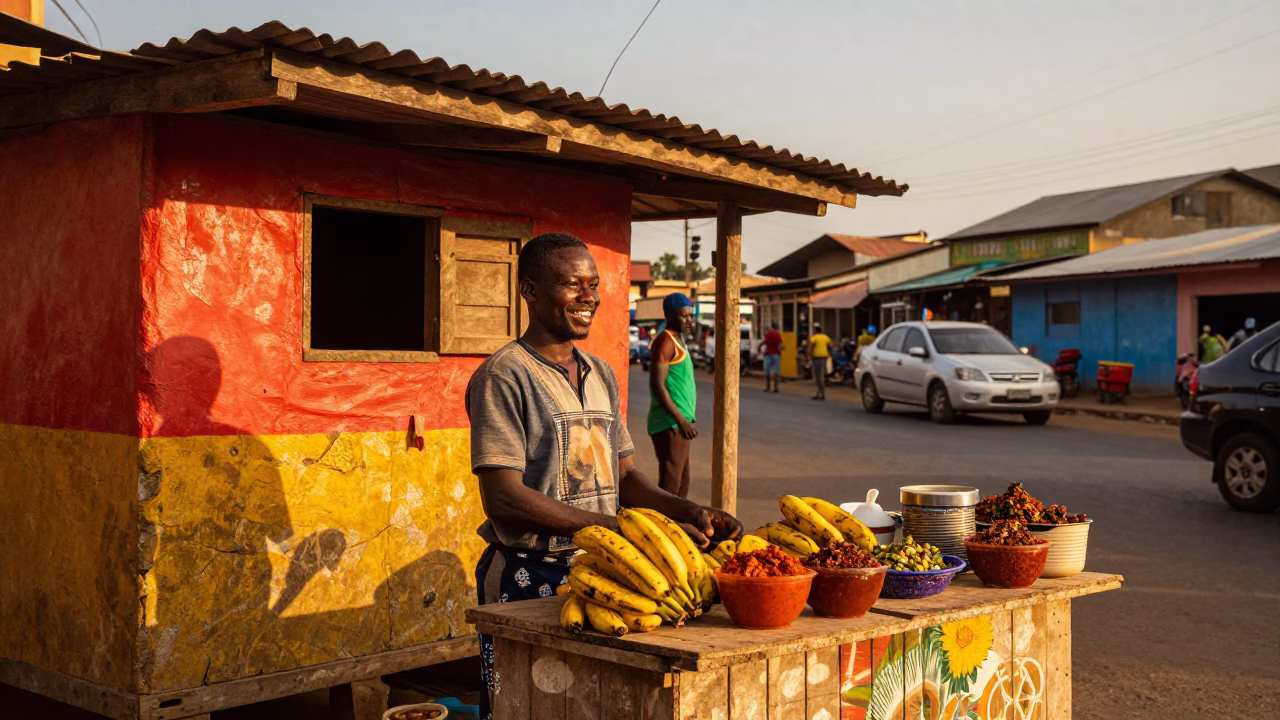 Vibrant Accra Street Scene at Sunset with Local Vendor and Pedestrians in in Accra, Ghana