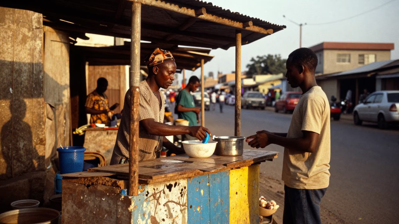 Vibrant Accra Street Scene Late Afternoon with Scuffed Painted Wood and Hibiscus Flower in in Accra, Ghana