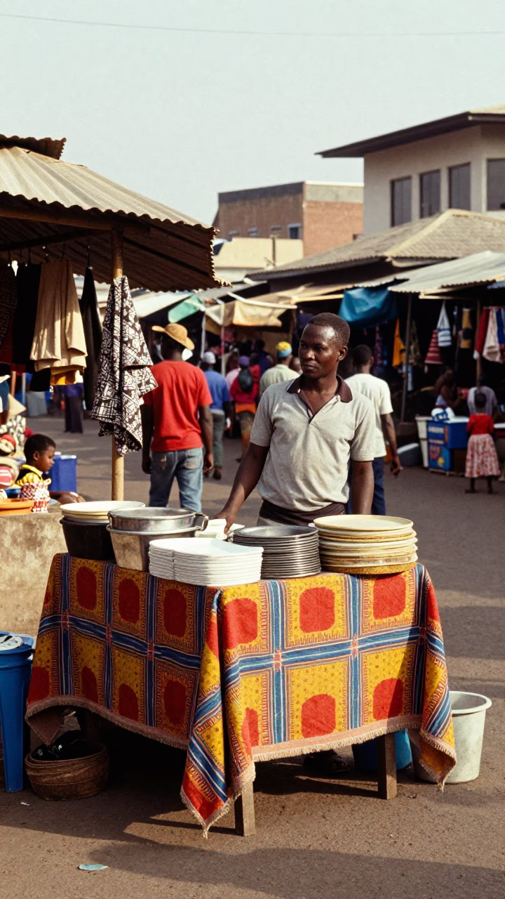 Vibrant Accra Street Scene Late Morning with Local Vendor and Colorful Textiles in in Accra, Ghana
