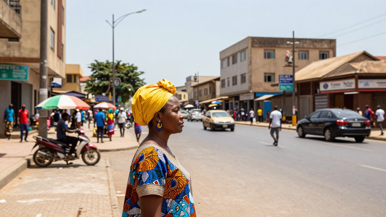 Vibrant Accra Street Scene Under Flat Noon Sun with Colorful Textiles and Daily Life in in Accra, Ghana