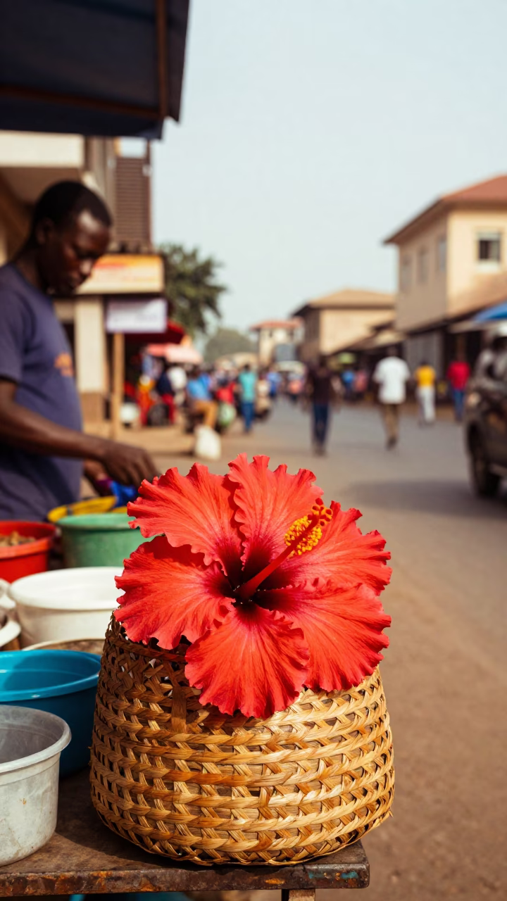 Vibrant Accra Street Scene with Hibiscus Flower Detail in Early Afternoon Light in in Accra, Ghana
