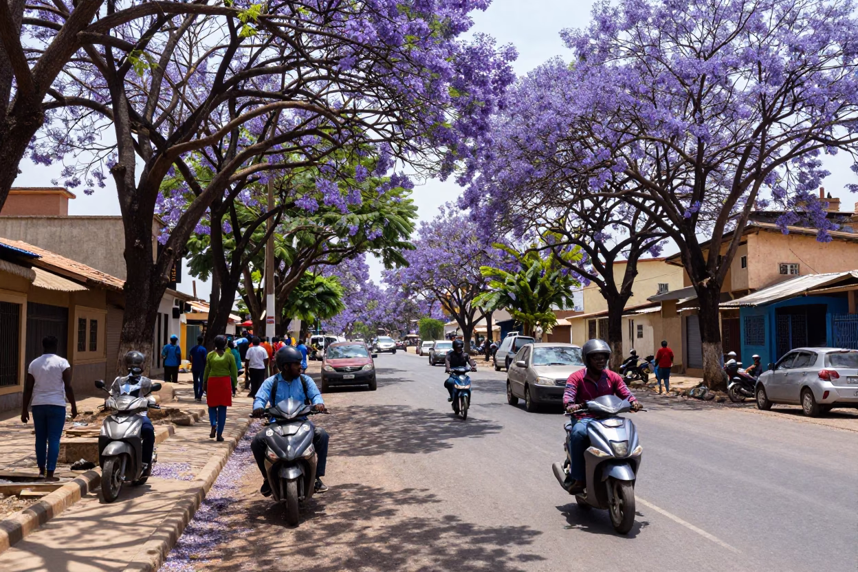 Vibrant Accra Street Scene with Jacaranda Blooms and Local Life in Bright Midmorning Light in in Accra, Ghana