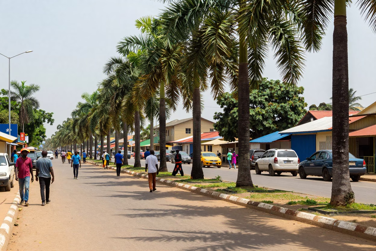 Vibrant Accra Street Scene with Palm Trees and Local Market Activity in Ghana in in Accra, Ghana