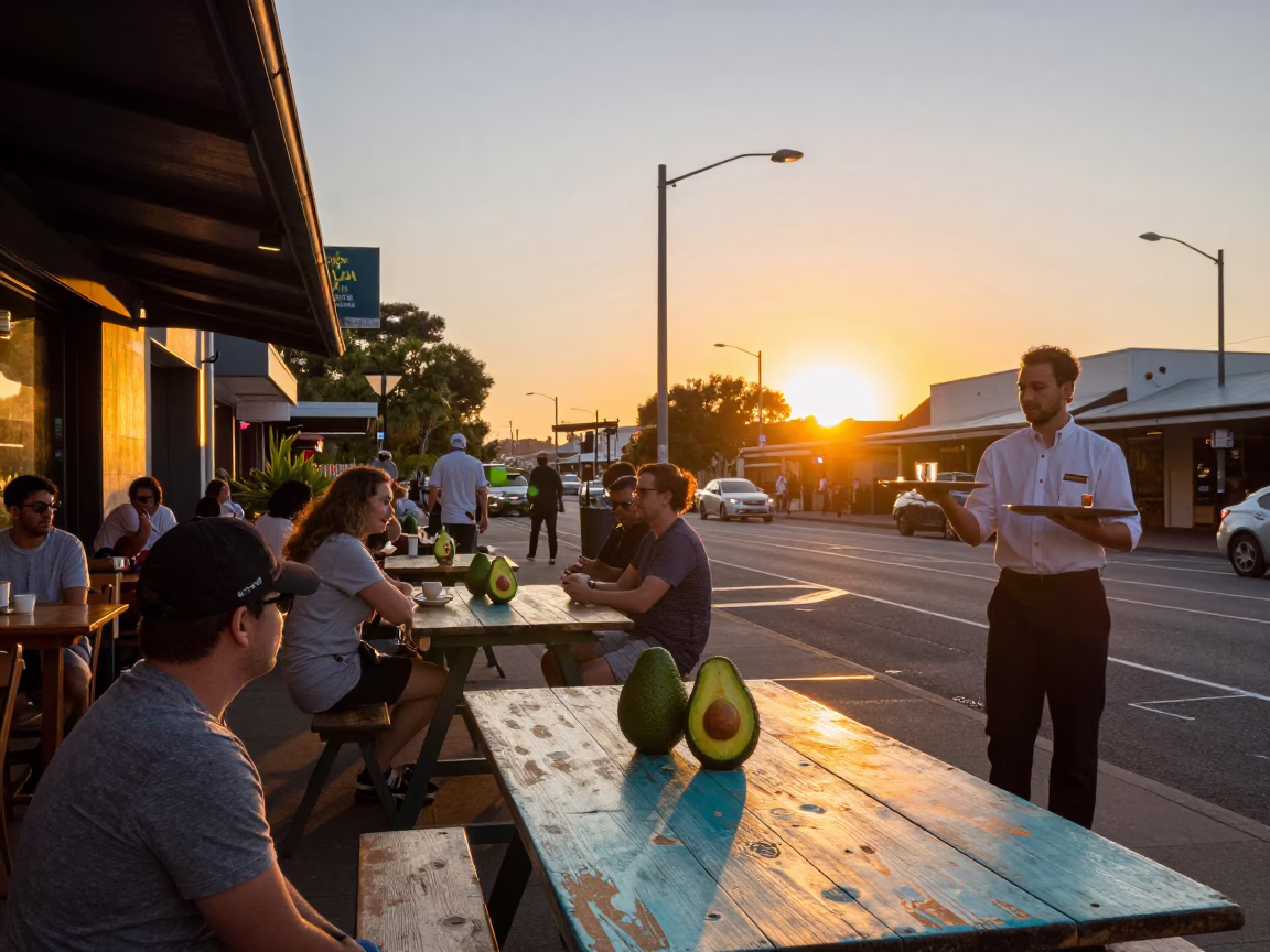 Vibrant Adelaide Sunset Street Scene with Avocados and Ceramic Plates at Outdoor Cafe in in Adelaide, South Australia, Australia