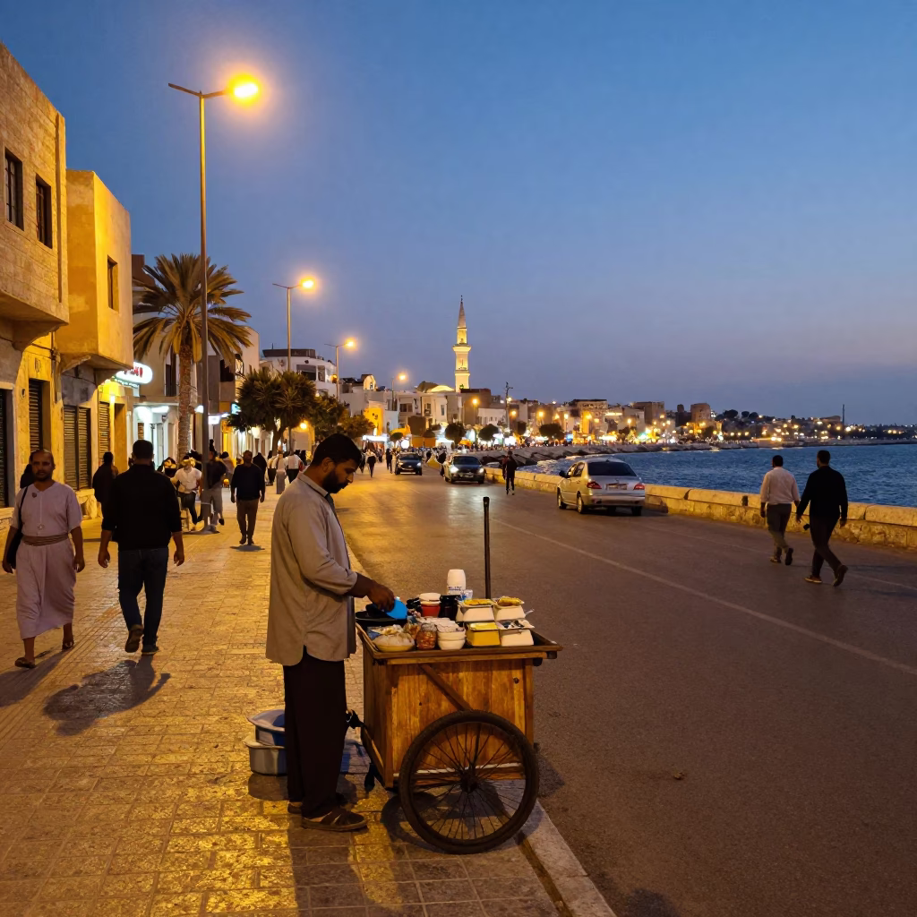 Vibrant Alexandria Street Scene at Dusk with Local Vendor and Traditional Food in in Alexandria, Egypt