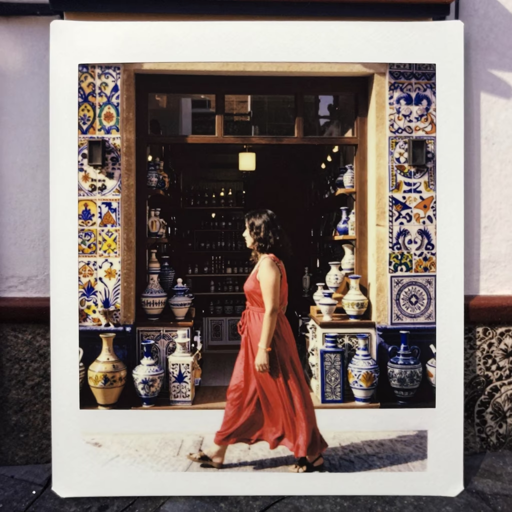 Vibrant Andalusian Street Scene in Granada With Traditional Pottery and Late Afternoon Sunlight in in Granada, Spain