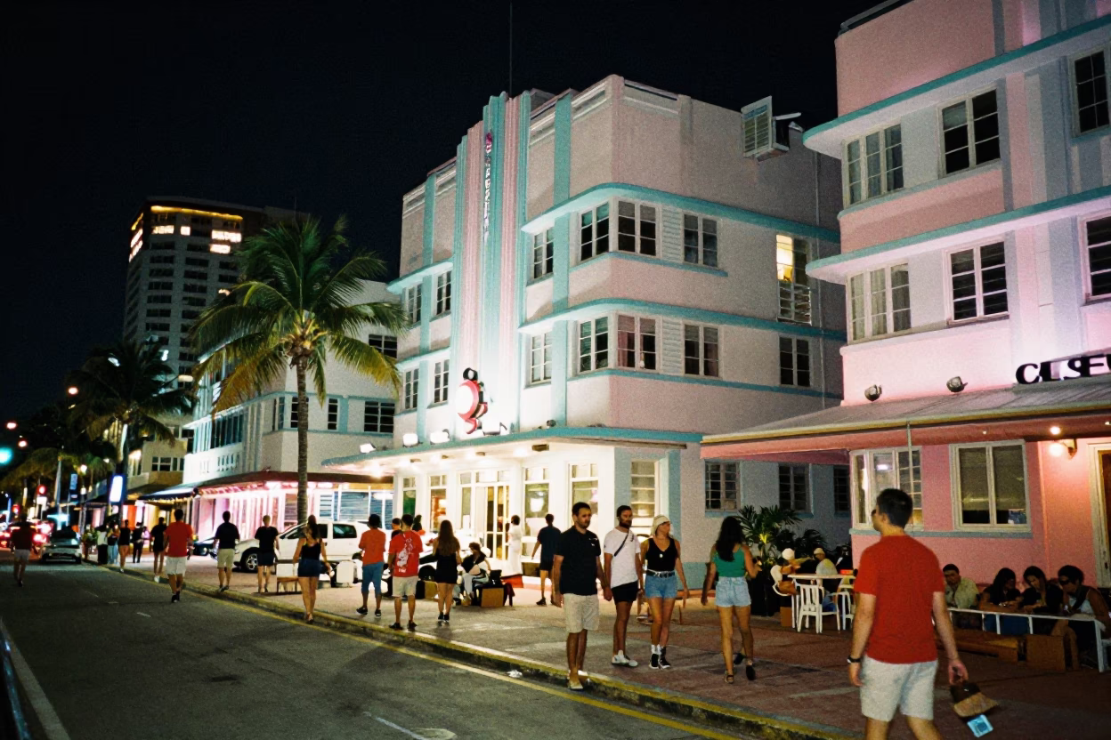 Vibrant Art Deco Miami Beach Nightlife Street Scene Under Deep Night Sky in in Miami, Florida, United States