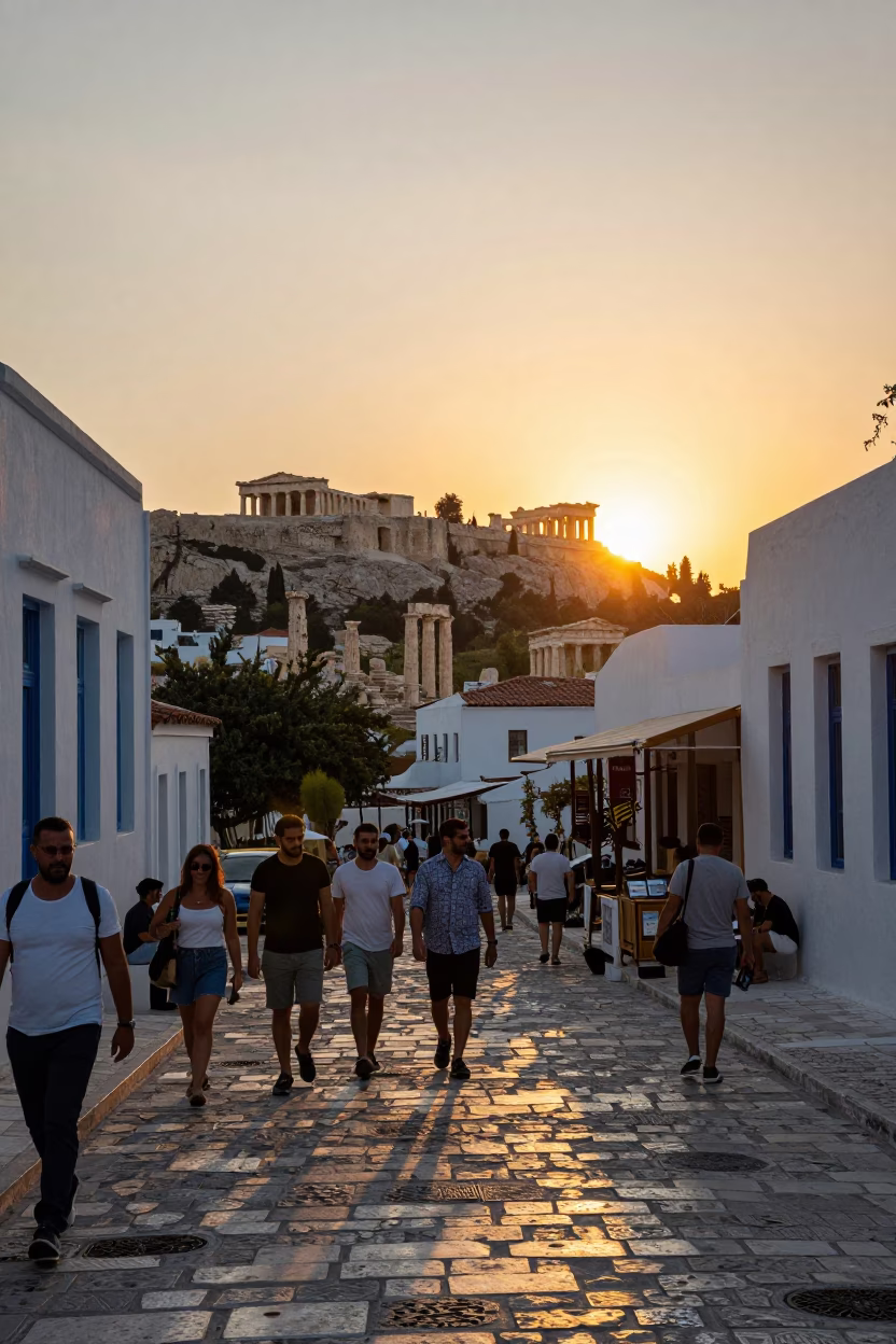 Vibrant Athens Street Scene at Sunset with Tumbler of Whisky and Cigar in in Athens, Greece