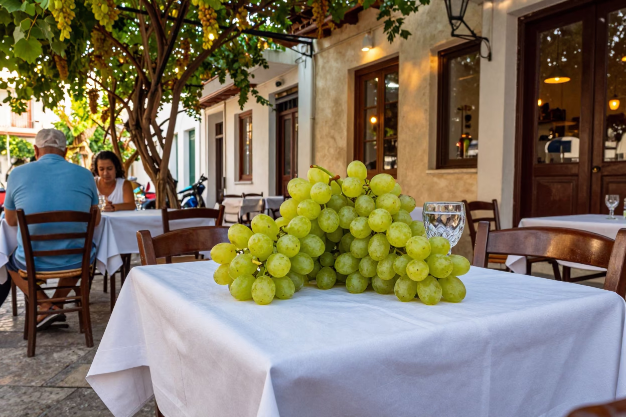 Vibrant Athens Street Scene with Grapevine Clusters and Glass Decanter in Late Afternoon Light in in Athens, Greece