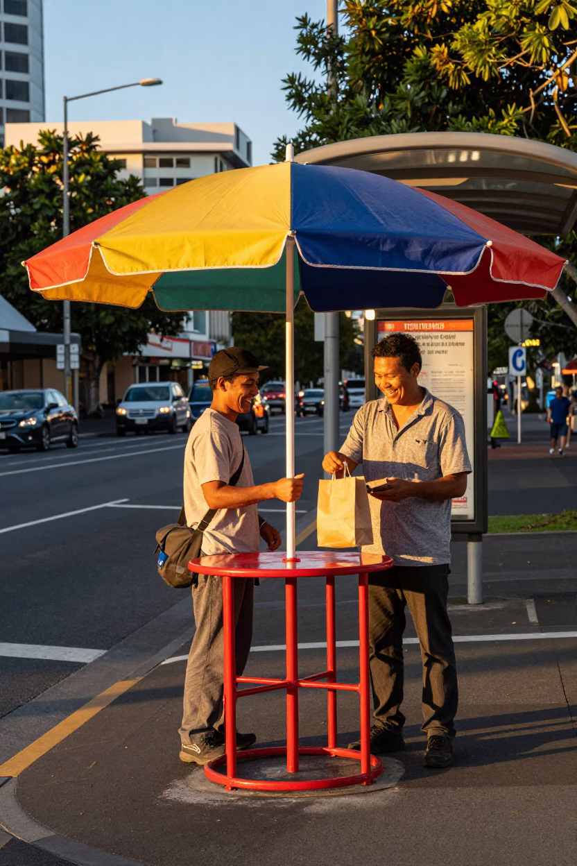 Vibrant Auckland Evening Street Scene with Colorful Umbrella Stand and Local Interaction in in Auckland, New Zealand