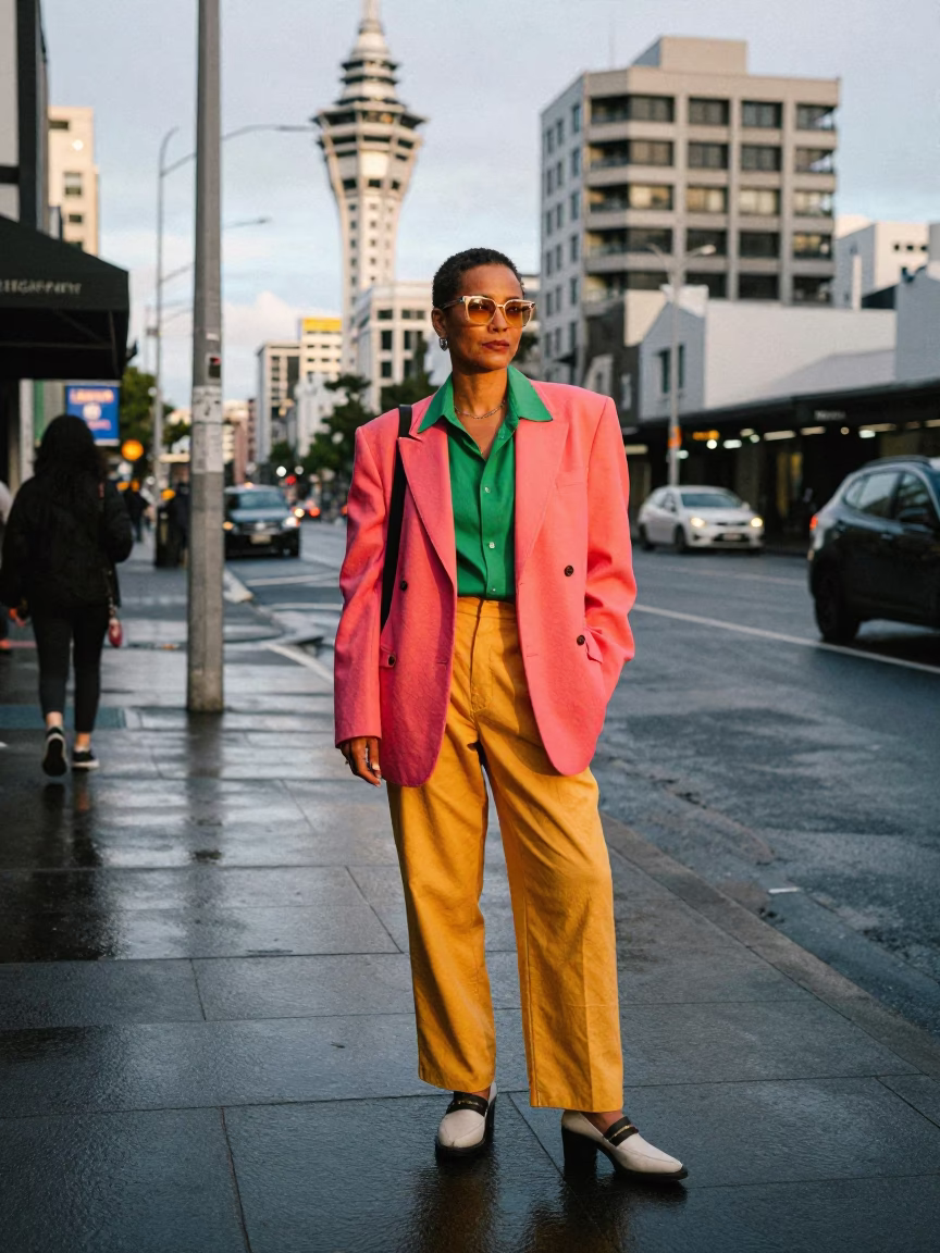 Vibrant Auckland Street Scene Late Afternoon Fashion Portrait with Vintage Elements in in Auckland, New Zealand